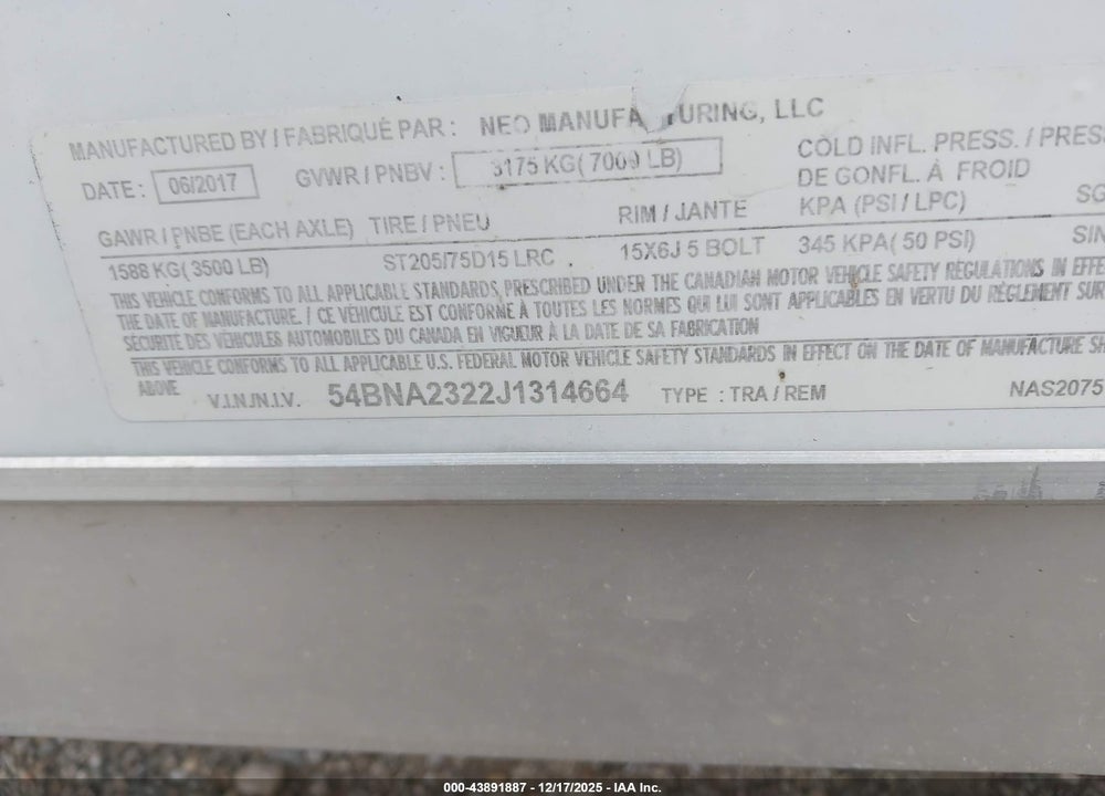2018 TRAILER NEO 23' ENCLOSED VIN: 54BNA2322J1314664