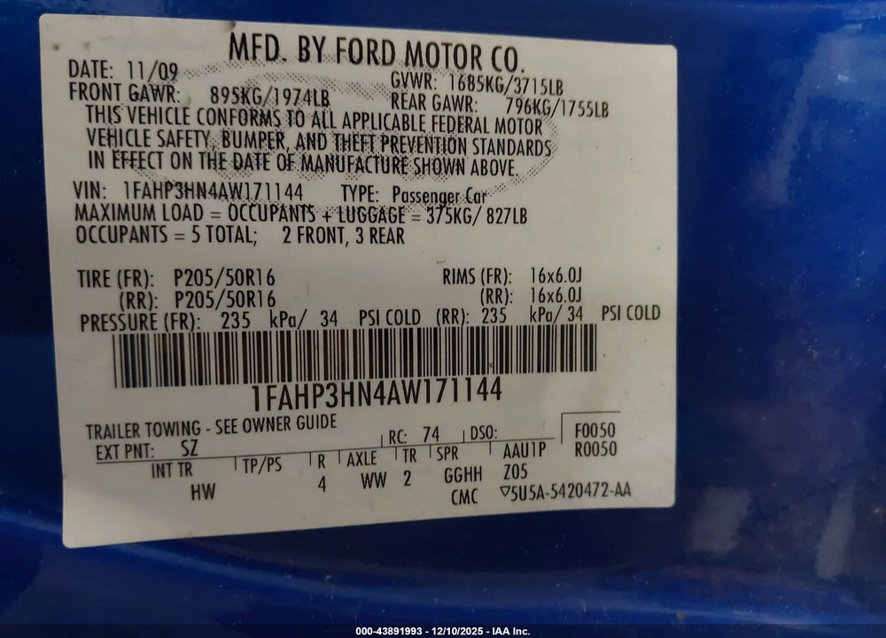 2010 FORD FOCUS SEL VIN: 1FAHP3HN4AW171144