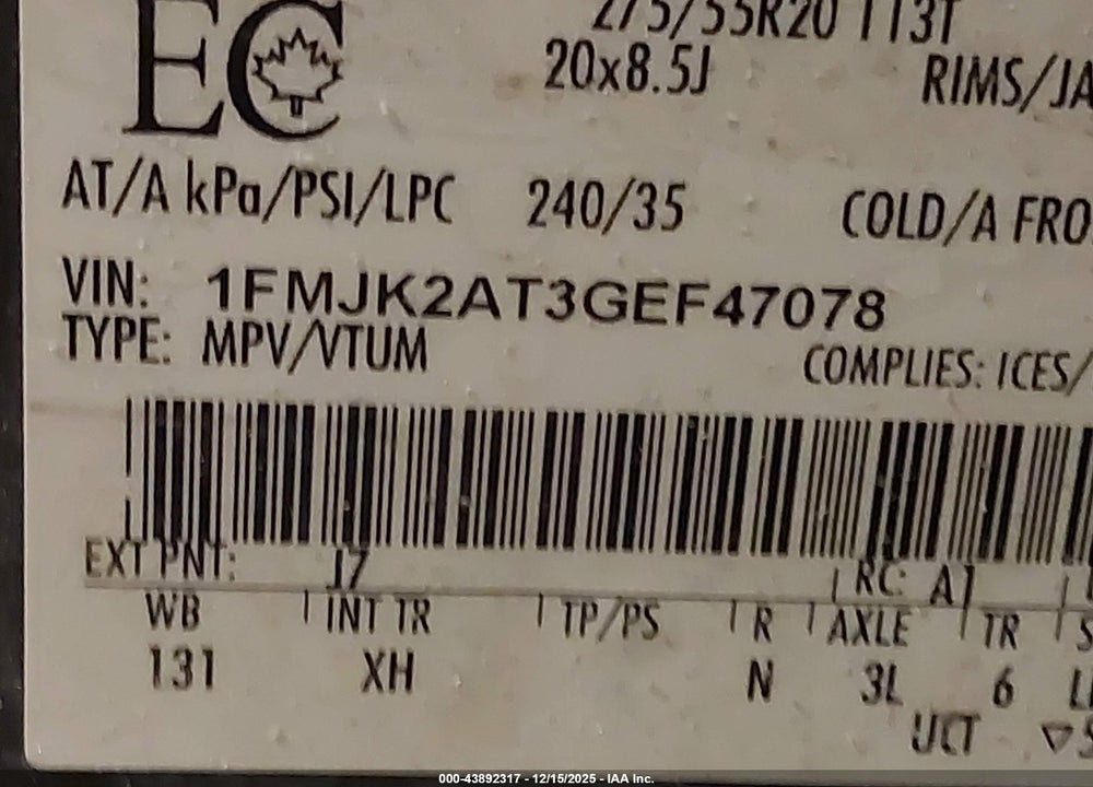 2016 FORD EXPEDITION MAX LIMITED VIN: 1FMJK2AT3GEF47078