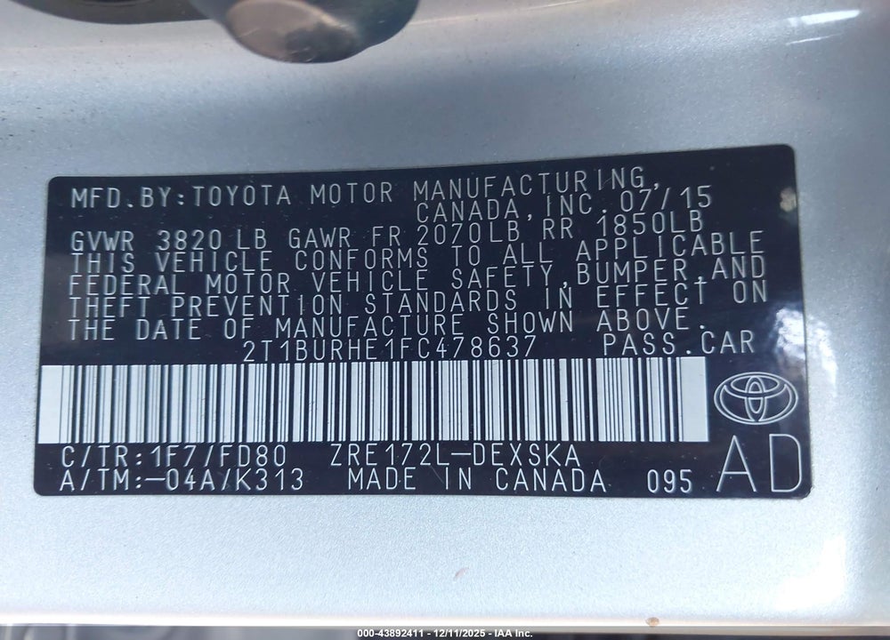 2015 TOYOTA COROLLA S PLUS VIN: 2T1BURHE1FC478637