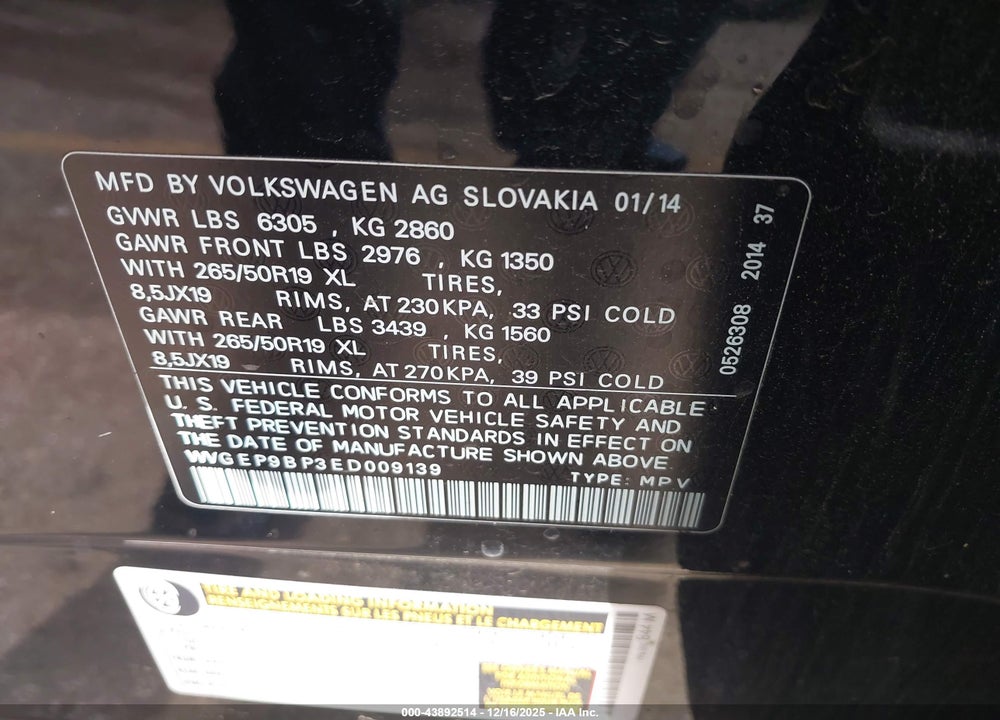 2014 VOLKSWAGEN TOUAREG TDI LUX VIN: WVGEP9BP3ED009139