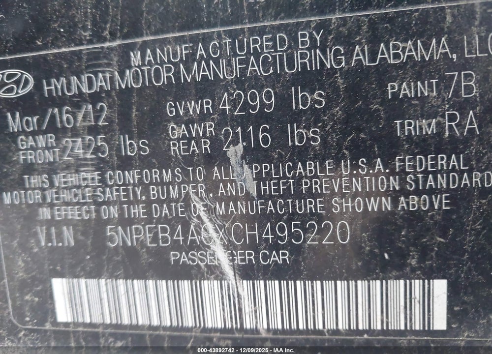 2012 HYUNDAI SONATA GLS VIN: 5NPEB4ACXCH495220