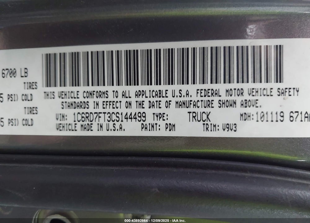 2012 RAM 1500 ST VIN: 1C6RD7FT3CS144499