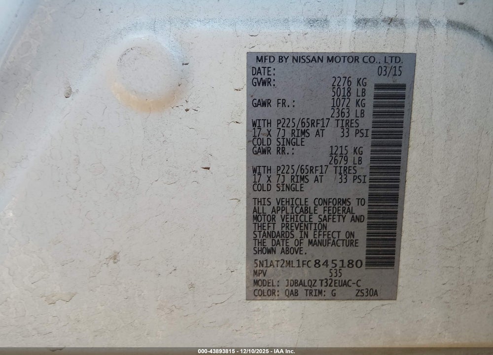 2015 NISSAN ROGUE SV VIN: 5N1AT2ML1FC845180