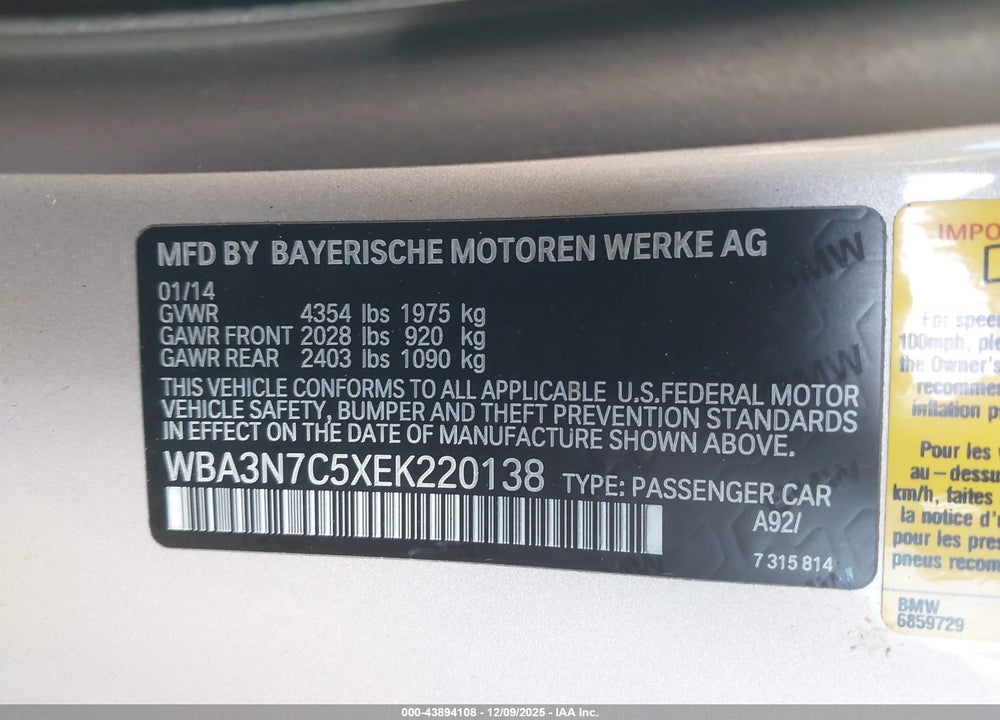 2014 BMW 428I VIN: WBA3N7C5XEK220138