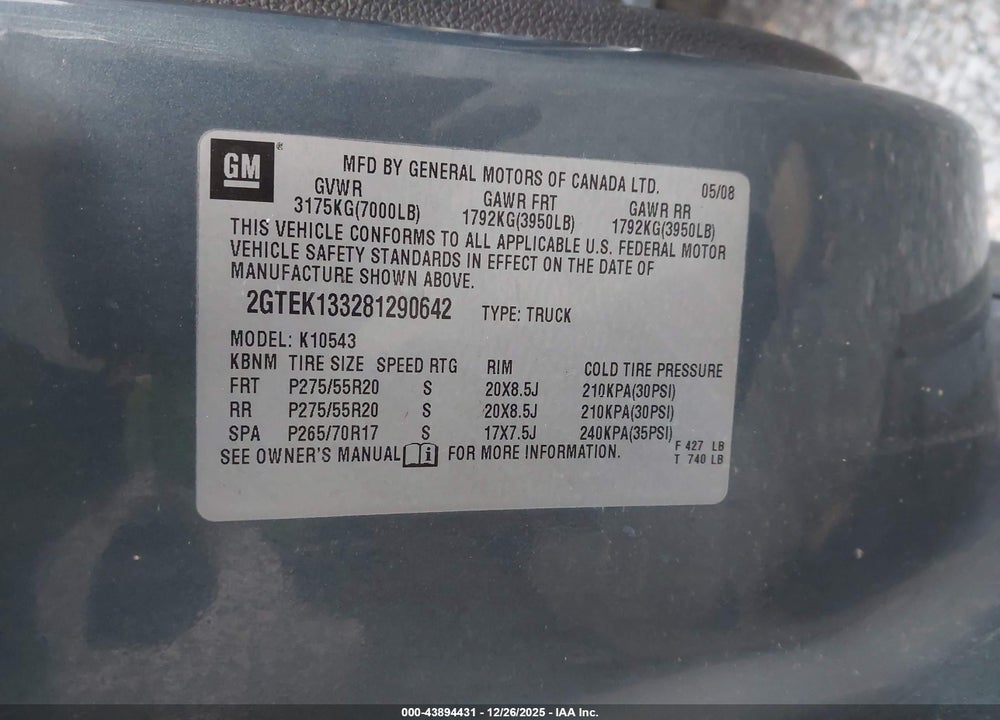 2008 GMC SIERRA 1500 SLE2 VIN: 2GTEK133281290642