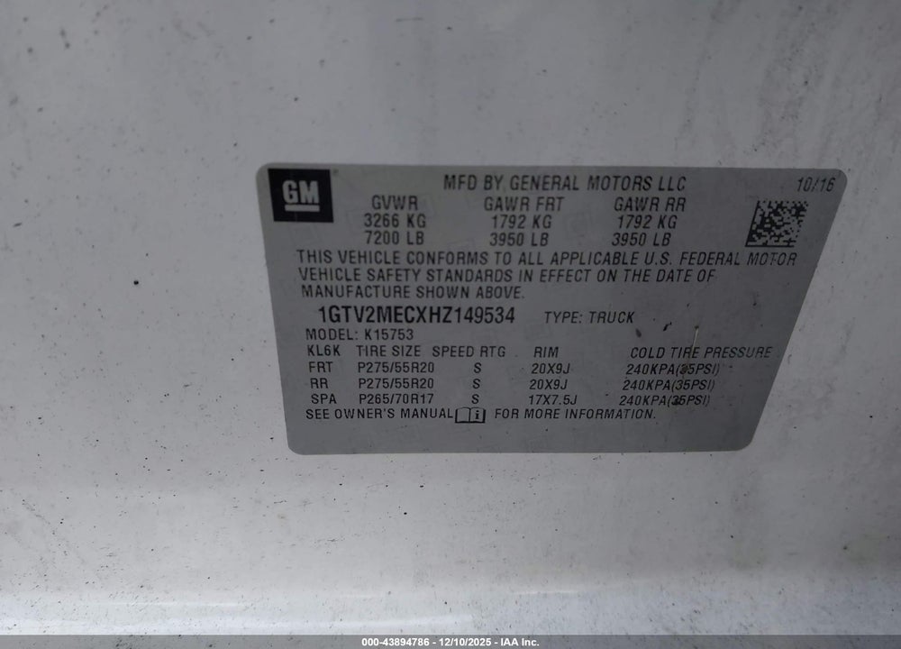 2017 GMC SIERRA 1500 SLE VIN: 1GTV2MECXHZ149534