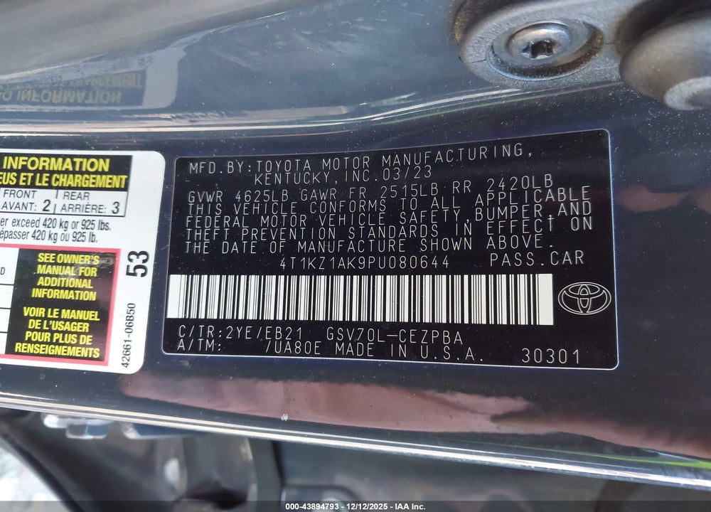 2023 TOYOTA CAMRY TRD VIN: 4T1KZ1AK9PU080644