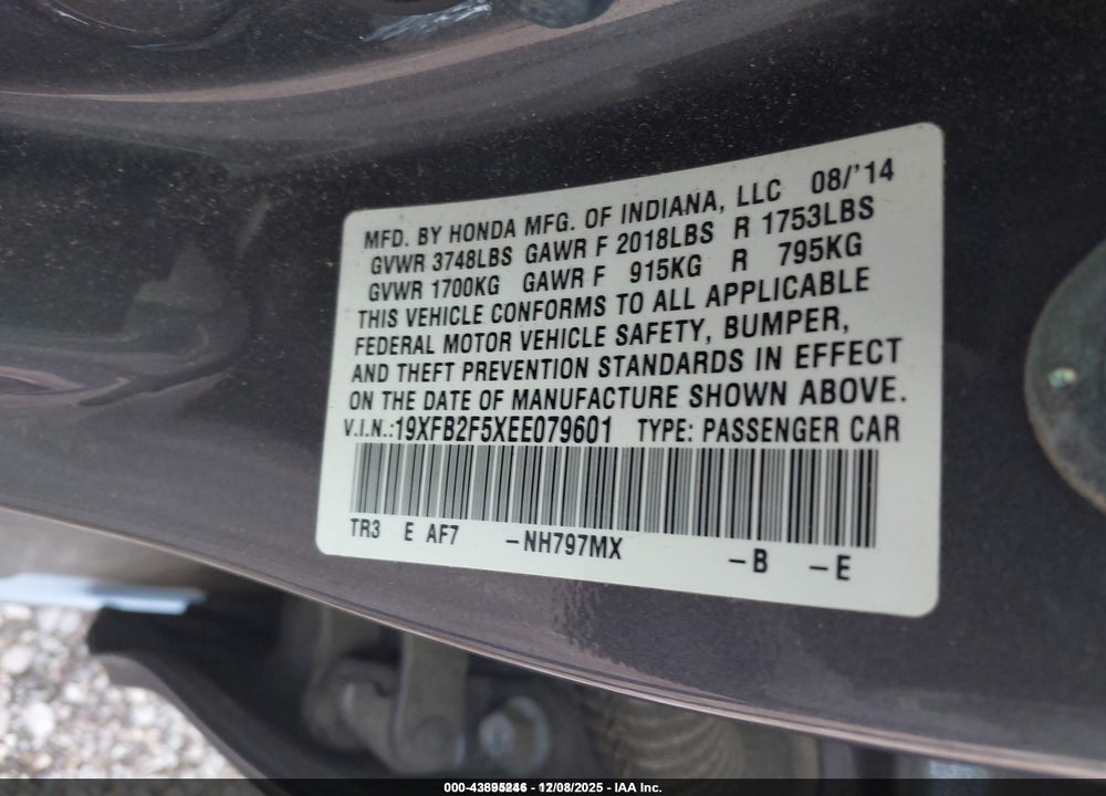 2014 HONDA CIVIC LX VIN: 19XFB2F5XEE079601