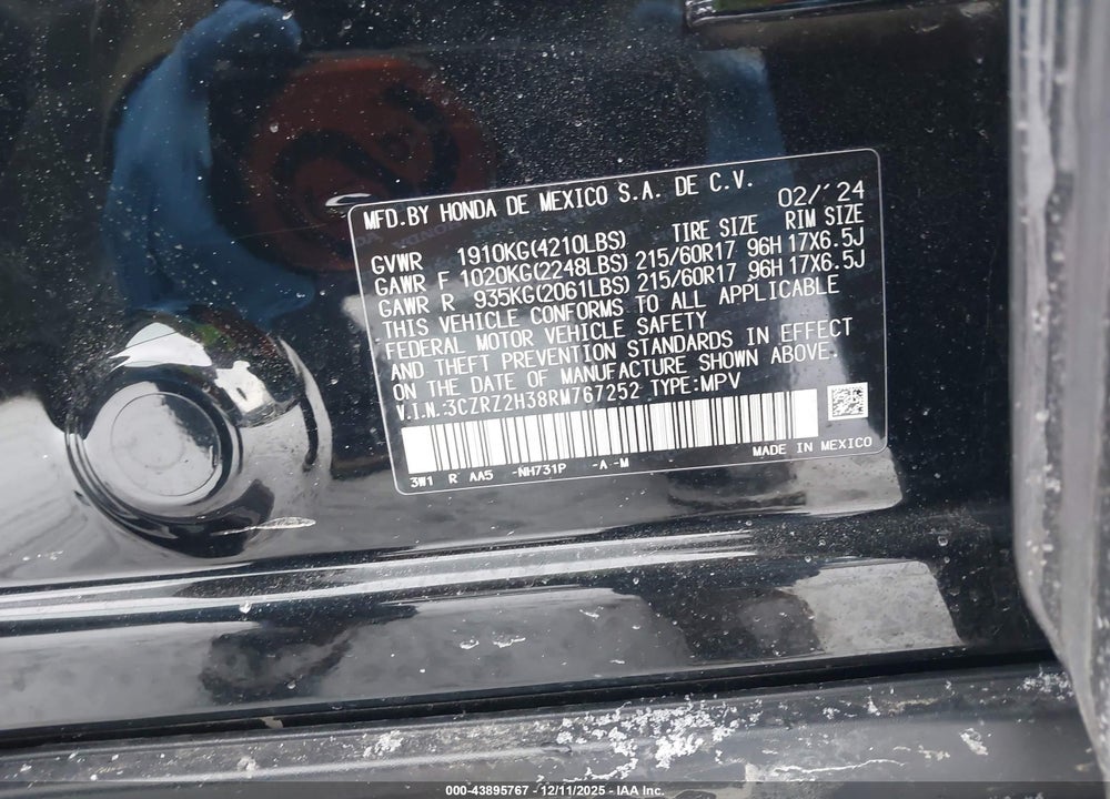 2024 HONDA HR-V AWD LX VIN: 3CZRZ2H38RM767252