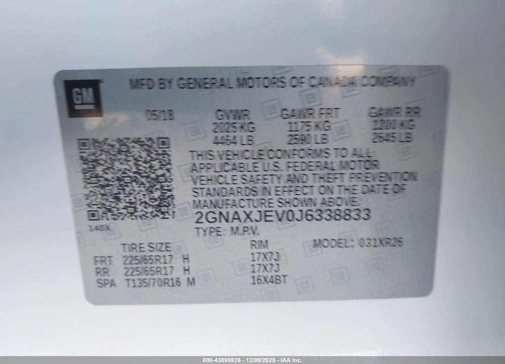 2018 CHEVROLET EQUINOX LT VIN: 2GNAXJEV0J6338833