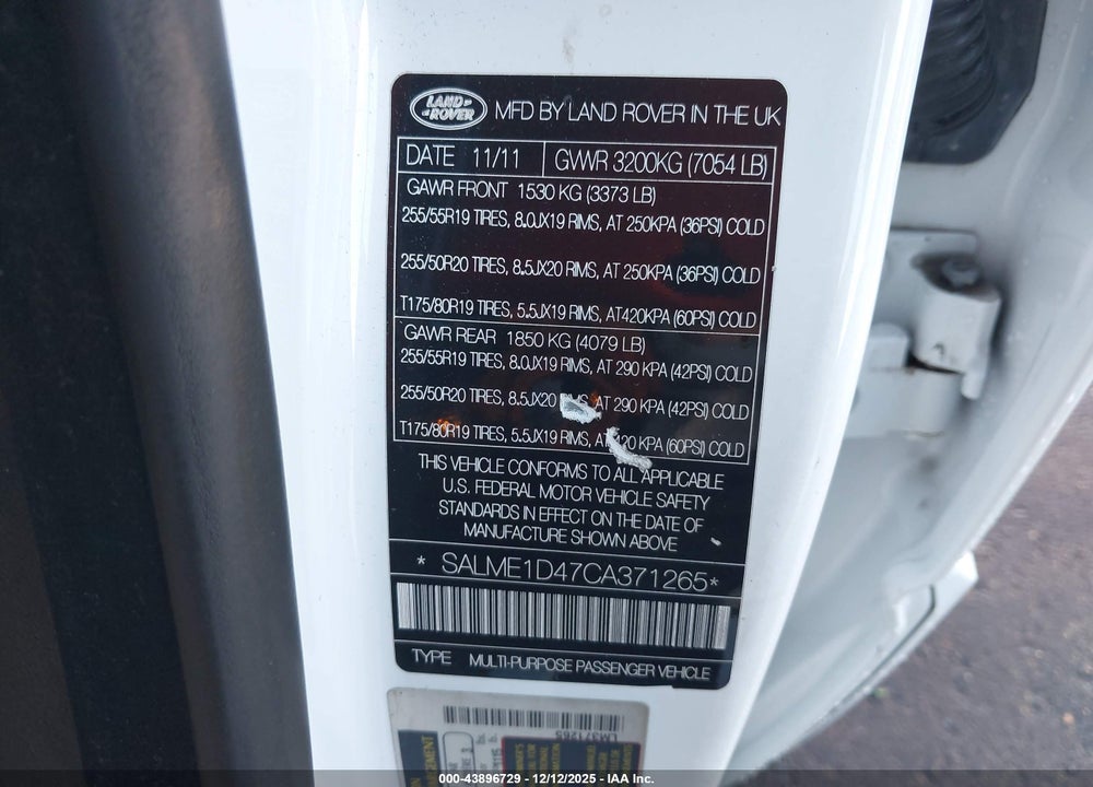 2012 LAND ROVER RANGE ROVER HSE VIN: SALME1D47CA371265