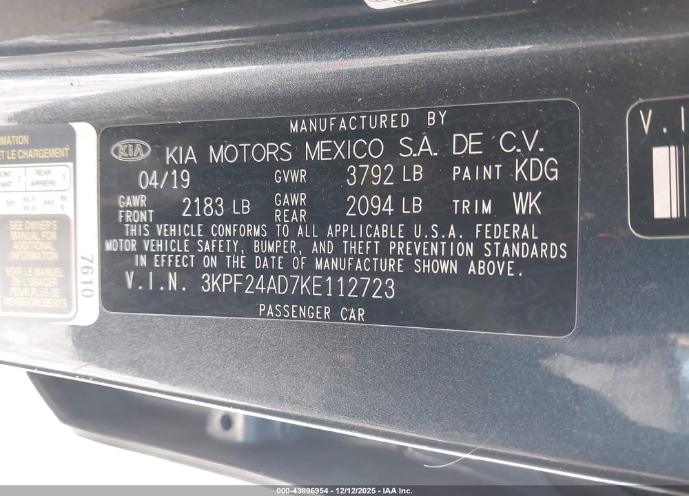 2019 KIA FORTE LXS VIN: 3KPF24AD7KE112723