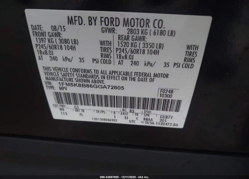 2016 FORD EXPLORER VIN: 1FM5K8B86GGA72805