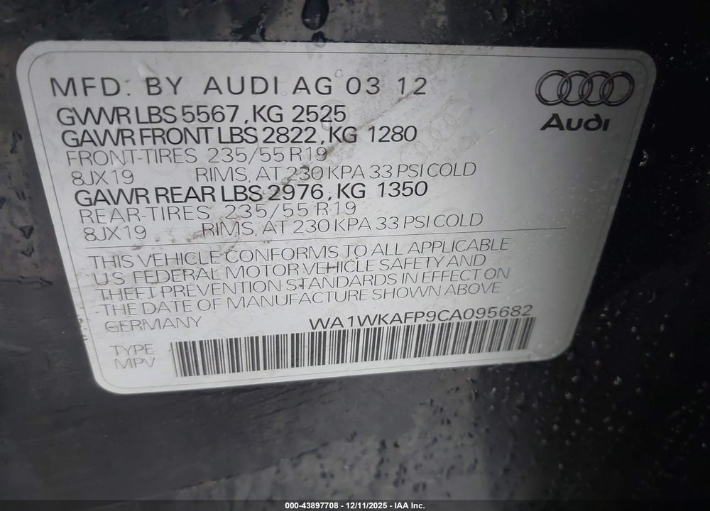 2012 AUDI Q5 3.2 PREMIUM VIN: WA1WKAFP9CA095682