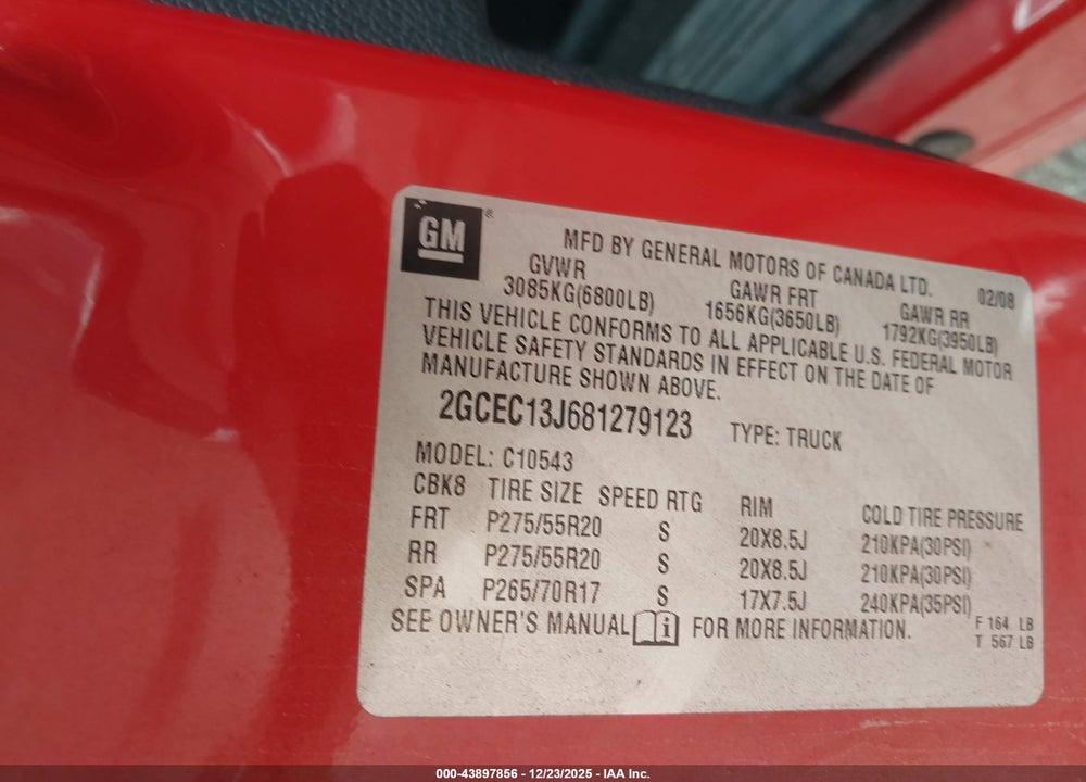 2008 CHEVROLET SILVERADO 1500 LT1 VIN: 2GCEC13J681279123