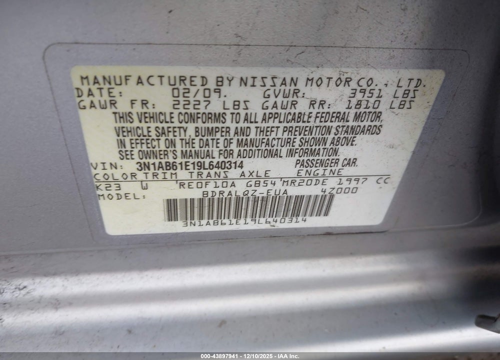 2009 NISSAN SENTRA 2.0 VIN: 3N1AB61E19L640314