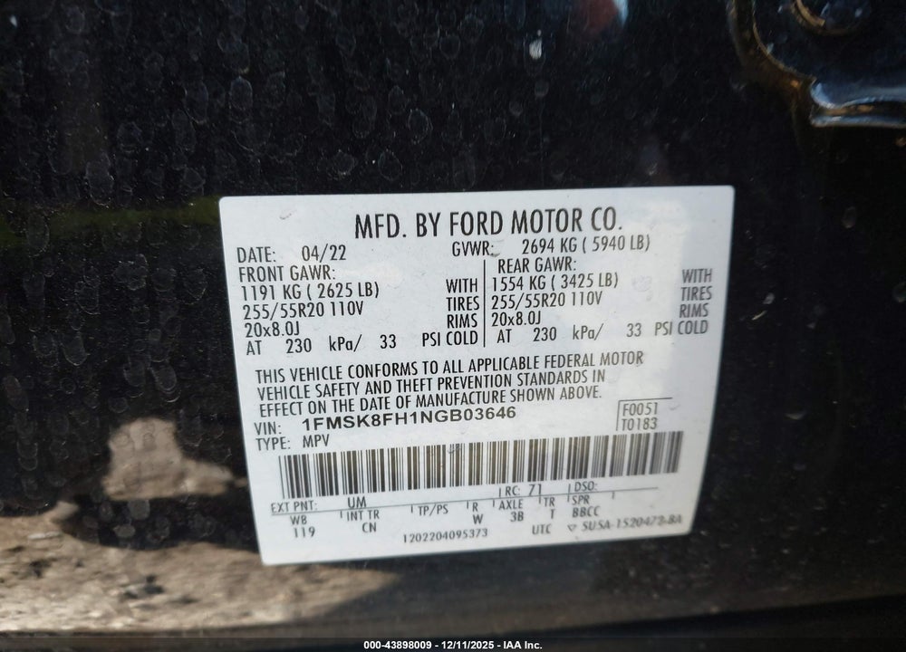 2022 FORD EXPLORER LIMITED VIN: 1FMSK8FH1NGB03646