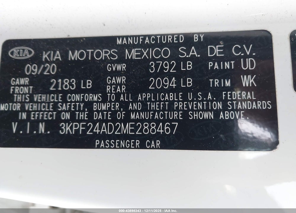 2021 KIA FORTE LXS VIN: 3KPF24AD2ME288467