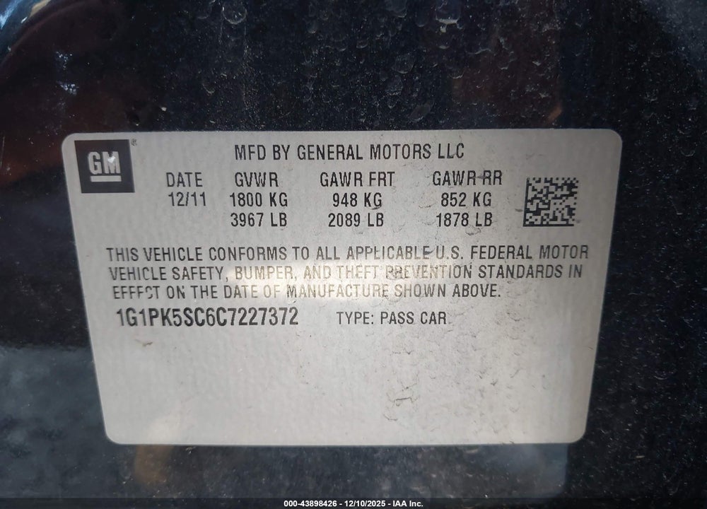 2012 CHEVROLET CRUZE ECO VIN: 1G1PK5SC6C7227372