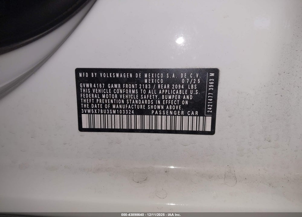 2025 VOLKSWAGEN JETTA 1.5T S VIN: 3VW5X7BU3SM103324