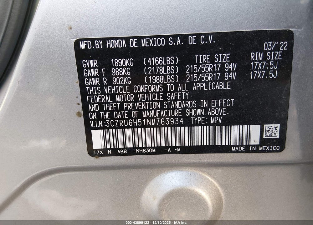 2022 HONDA HR-V AWD EX VIN: 3CZRU6H51NM763934
