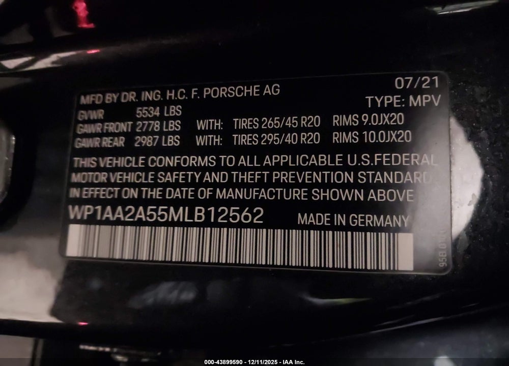 2021 PORSCHE MACAN VIN: WP1AA2A55MLB12562