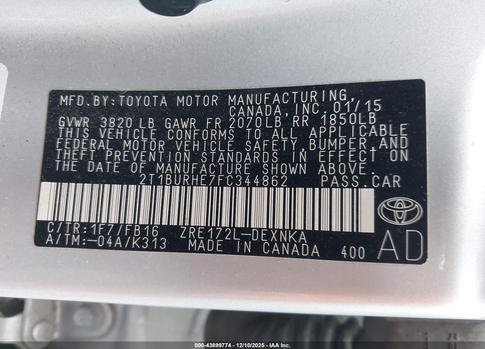 2015 TOYOTA COROLLA LE VIN: 2T1BURHE7FC344862