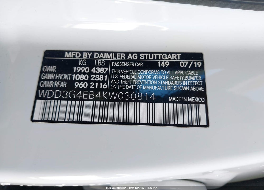 2019 MERCEDES-BENZ A 220 VIN: WDD3G4EB4KW030814