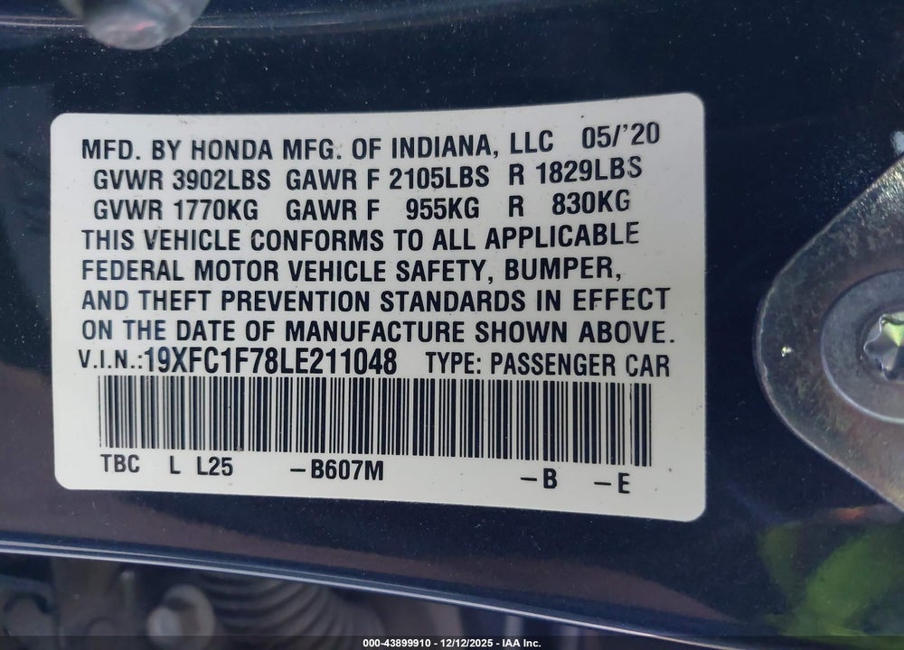 2020 HONDA CIVIC EX-L VIN: 19XFC1F78LE211048