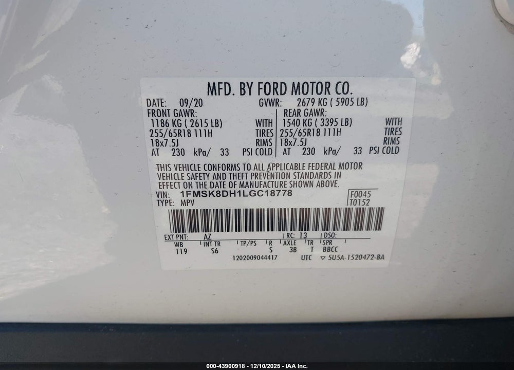 2020 FORD EXPLORER XLT VIN: 1FMSK8DH1LGC18778