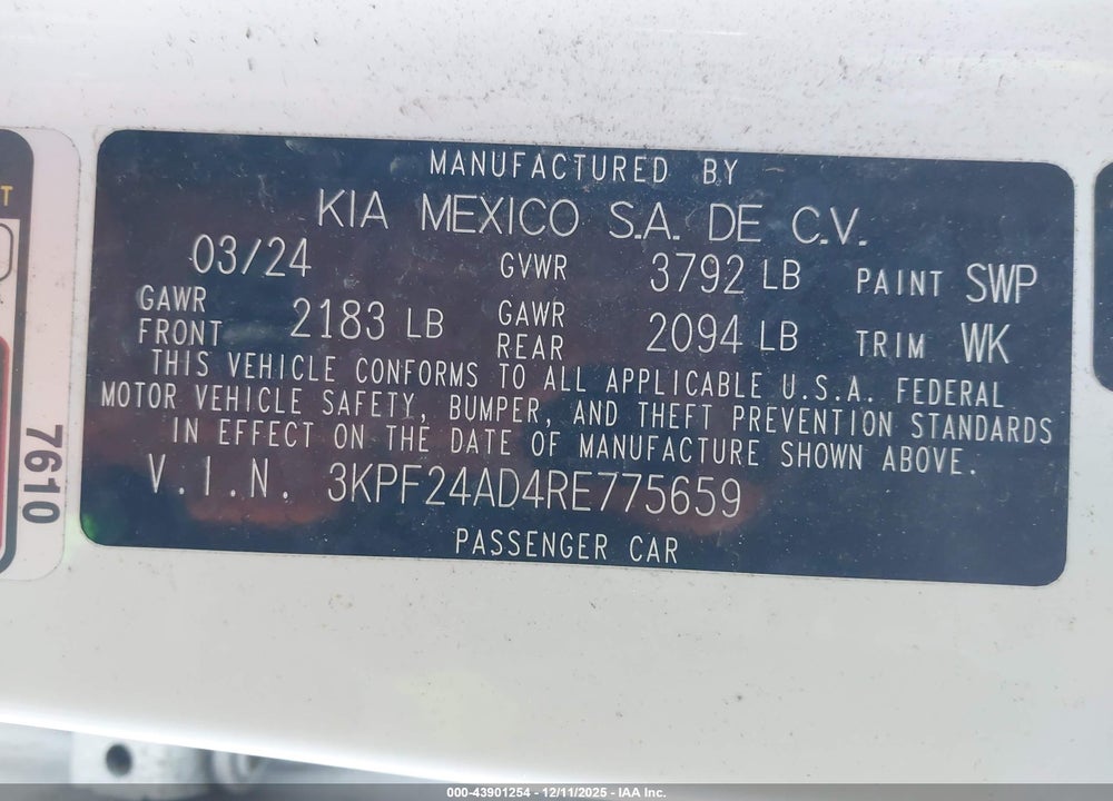 2024 KIA FORTE LXS VIN: 3KPF24AD4RE775659