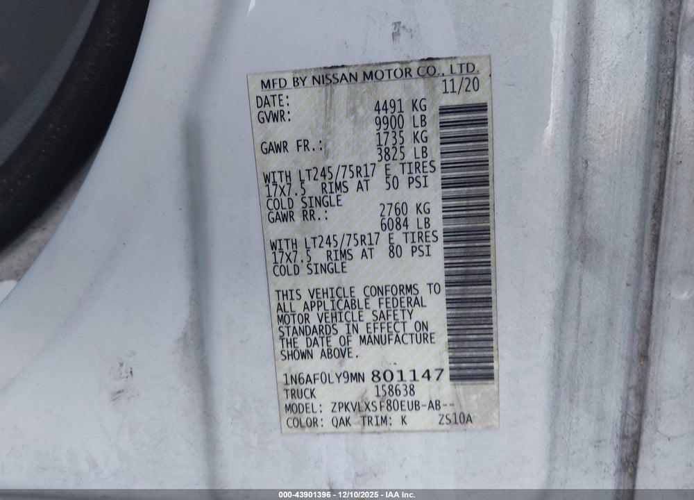 2021 NISSAN NV CARGO NV3500 HD SV HIGH ROOF V8 VIN: 1N6AF0LY9MN801147