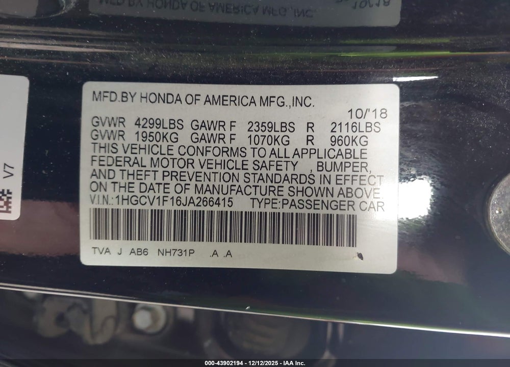 2018 HONDA ACCORD LX VIN: 1HGCV1F16JA266415