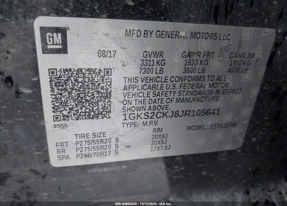 2018 GMC YUKON DENALI VIN: 1GKS2CKJ8JR105641