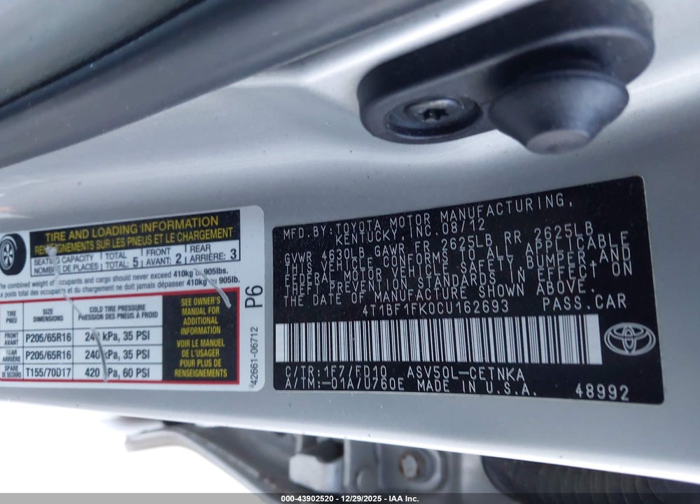2012 TOYOTA CAMRY LE VIN: 4T1BF1FK0CU162693