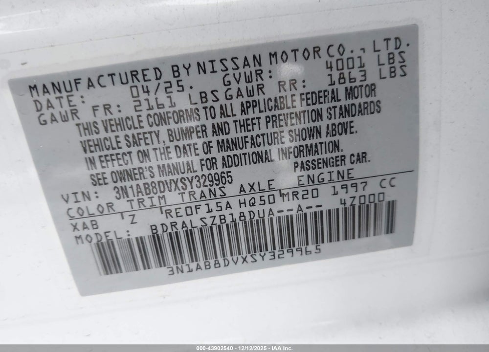 2025 NISSAN SENTRA SR VIN: 3N1AB8DVXSY329965