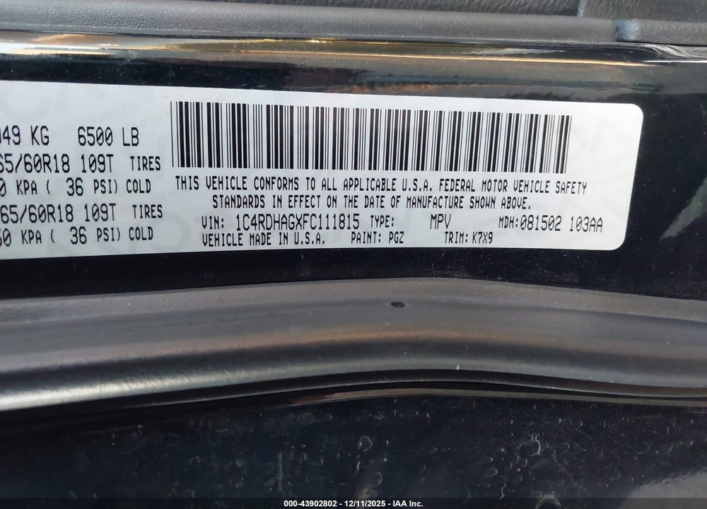 2015 DODGE DURANGO SXT VIN: 1C4RDHAGXFC111815