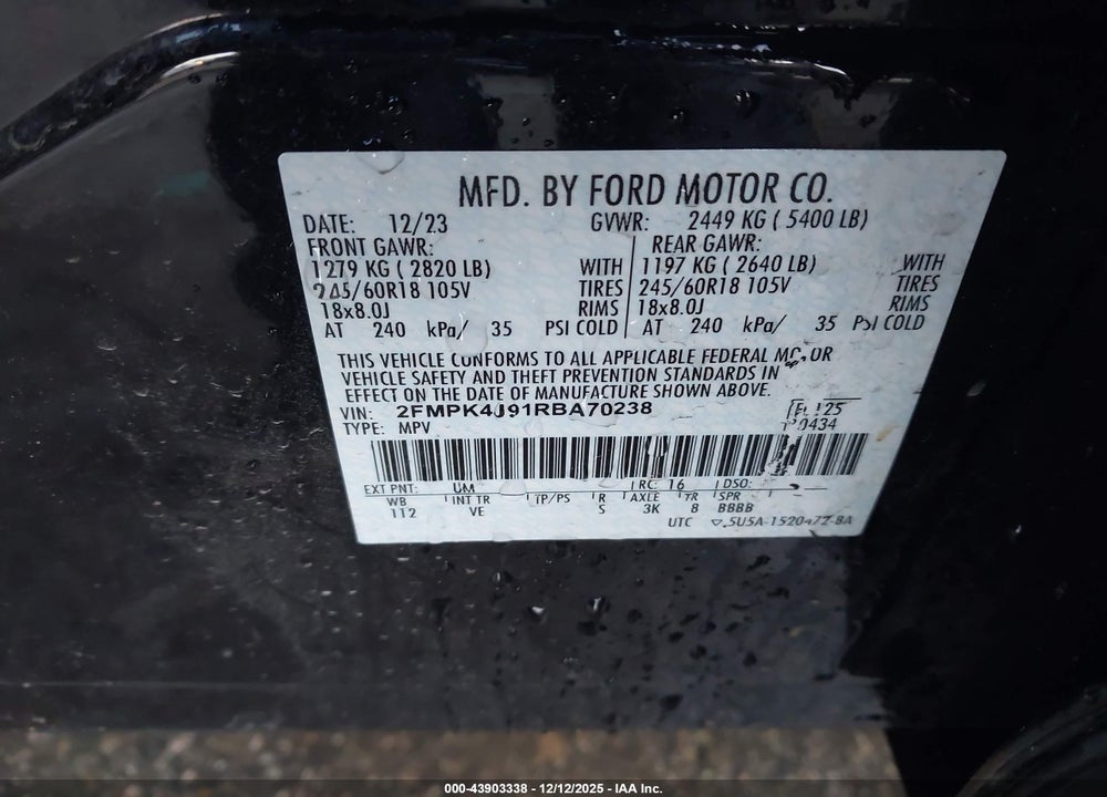 2024 FORD EDGE SEL VIN: 2FMPK4J91RBA70238