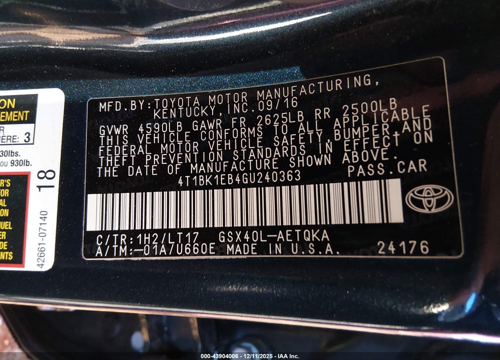 2016 TOYOTA AVALON TOURING VIN: 4T1BK1EB4GU240363