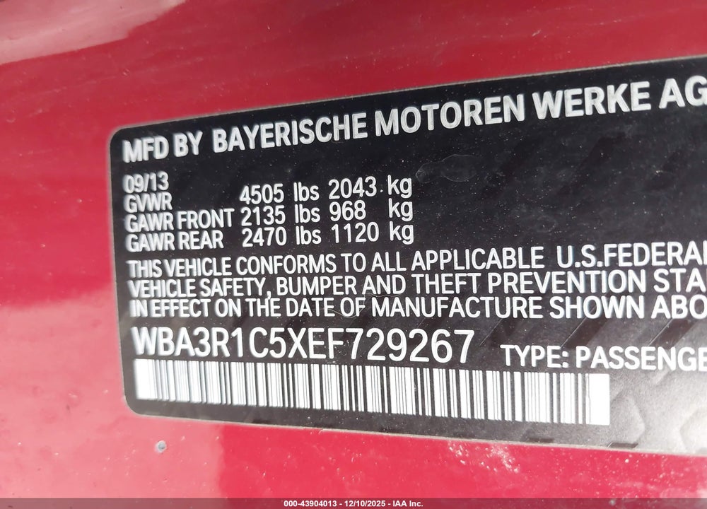 2014 BMW 435I VIN: WBA3R1C5XEF729267