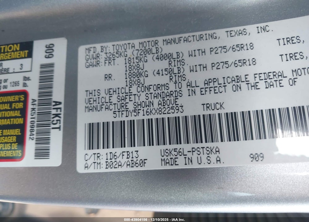 2019 TOYOTA TUNDRA SR5 5.7L V8 VIN: 5TFDY5F16KX822593