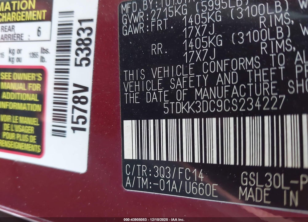 2012 TOYOTA SIENNA LE V6 8 PASSENGER VIN: 5TDKK3DC9CS234227