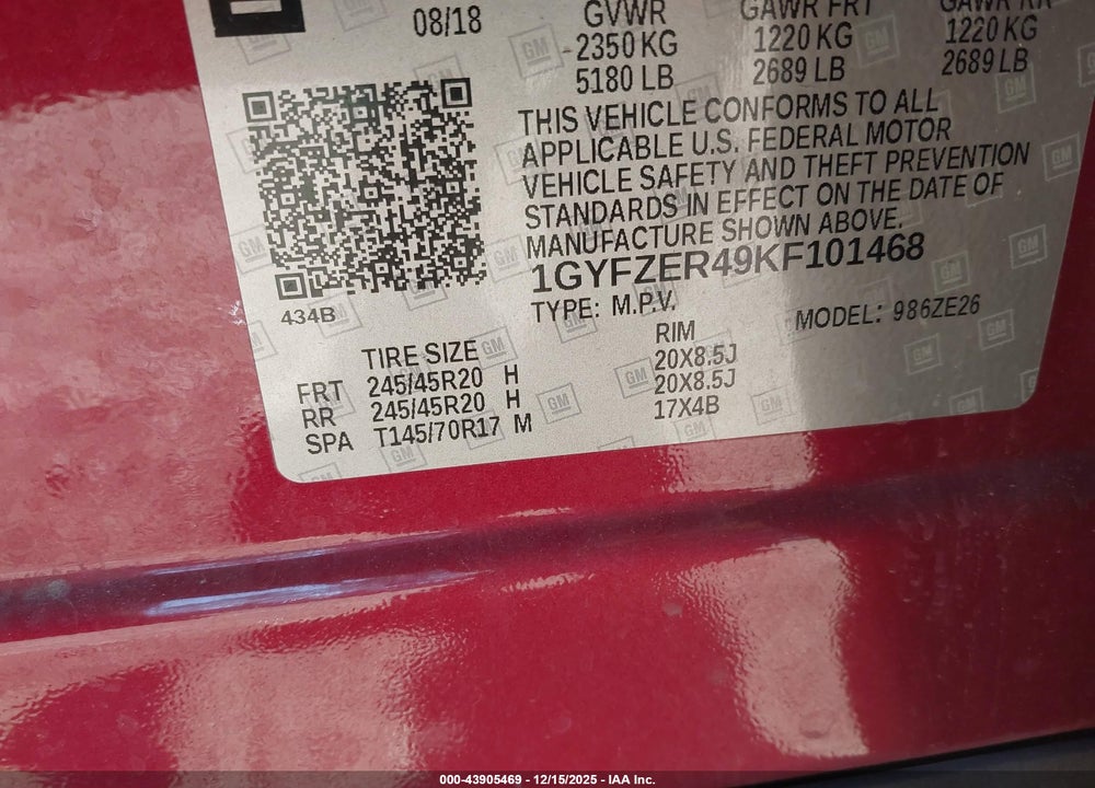 2019 CADILLAC XT4 SPORT VIN: 1GYFZER49KF101468
