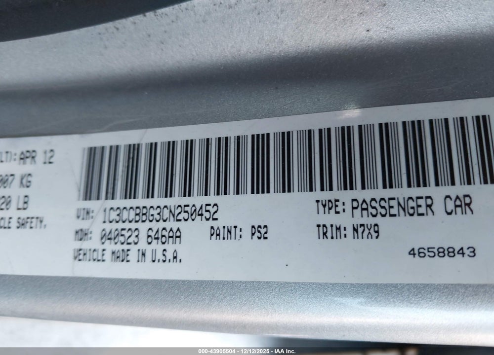 2012 CHRYSLER 200 TOURING VIN: 1C3CCBBG3CN250452
