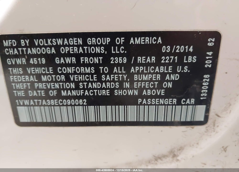 2014 VOLKSWAGEN PASSAT 1.8T WOLFSBURG EDITION VIN: 1VWAT7A38EC090062