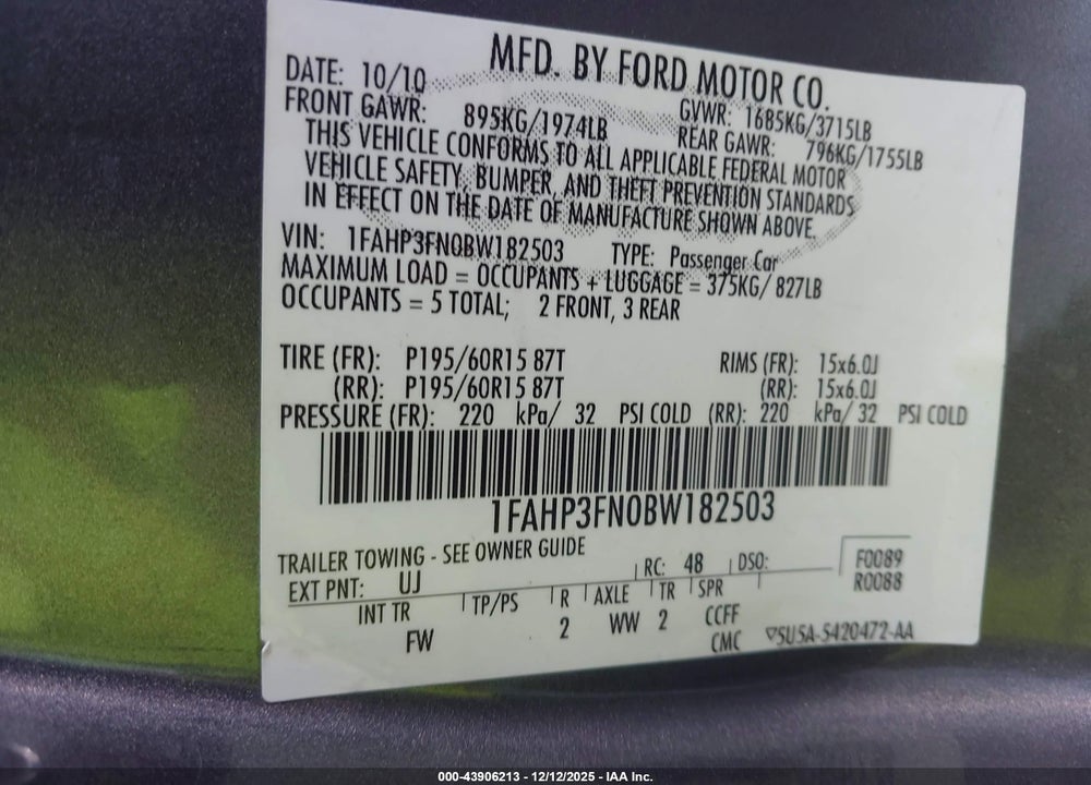 2011 FORD FOCUS SE VIN: 1FAHP3FN0BW182503