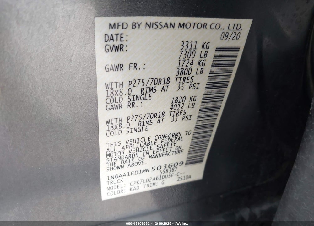2021 NISSAN TITAN PRO-4X 4X4 VIN: 1N6AA1ED1MN503609
