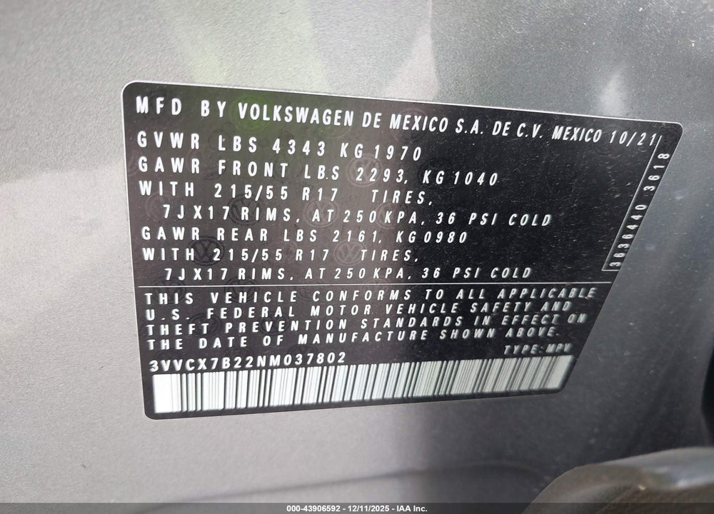 2022 VOLKSWAGEN TAOS 1.5T S VIN: 3VVCX7B22NM037802