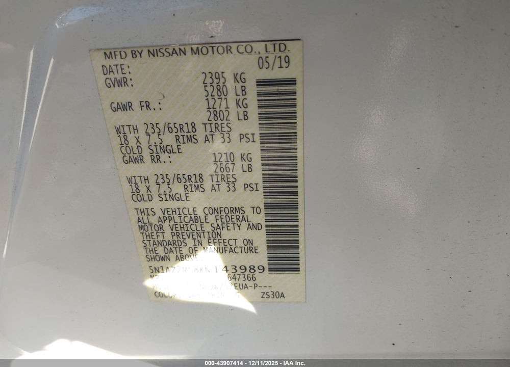 2019 NISSAN MURANO SV VIN: 5N1AZ2MS8KN143989
